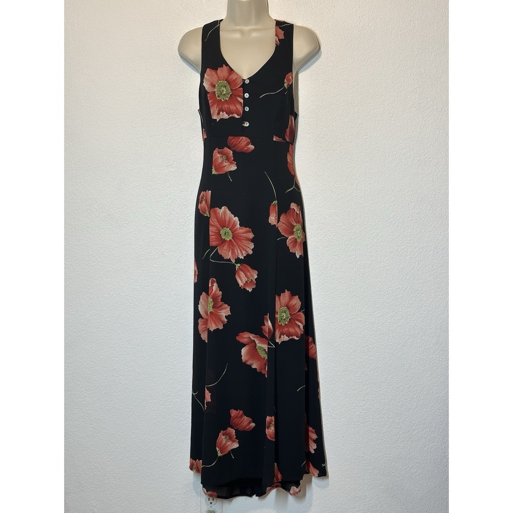 Vtg 90s CDC Caren Desiree Maxi Dress Poppy Floral Chiffon Open Crisscross Grunge